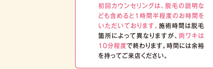 初回カウンセリングは、脱毛の説明なども含めると１時間半程度のお時間をいただいております。